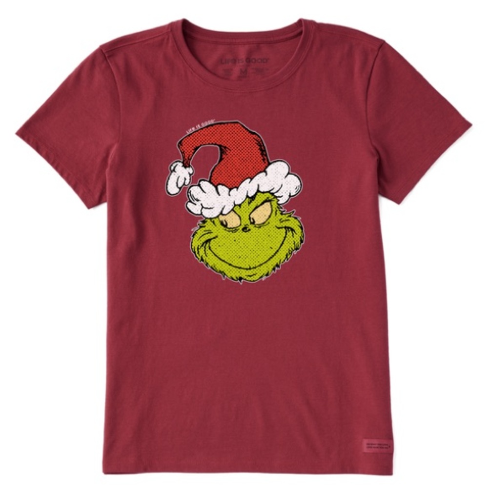NWT Life is Good Women's Pop Art Grinch Crusher Tee/Cranberry Red